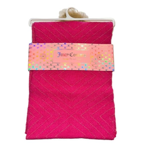 Juicy Couture 2 Piece Hot Pink Knit Hat & Scarf Gift Set Faux Fur Pom Pom Beanie - Picture 4 of 10